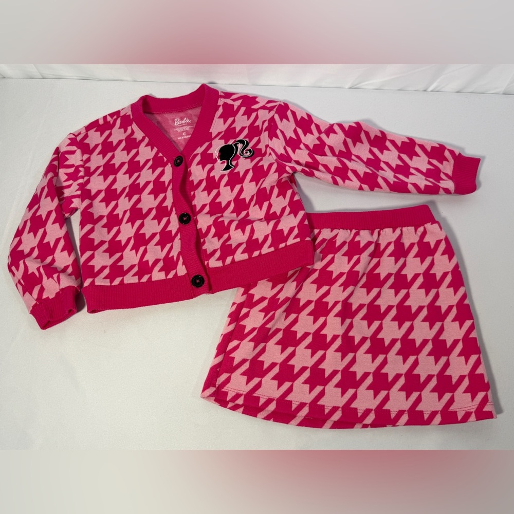 Barbie 2 Pc Skirt Set Girls 4T Pink Houndstooth Cardigan Top Skirt Outfit
